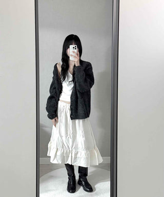 Pleated Banding Shirred Flare Midi Skirt