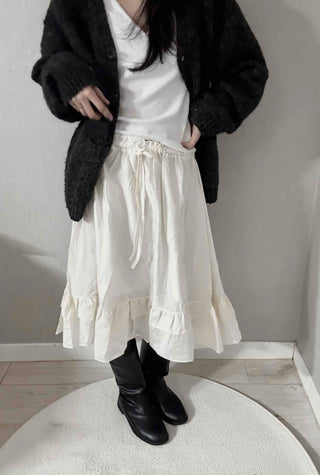 Pleated Banding Shirred Flare Midi Skirt