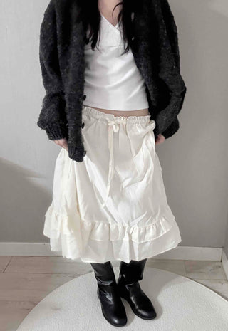 Pleated Banding Shirred Flare Midi Skirt