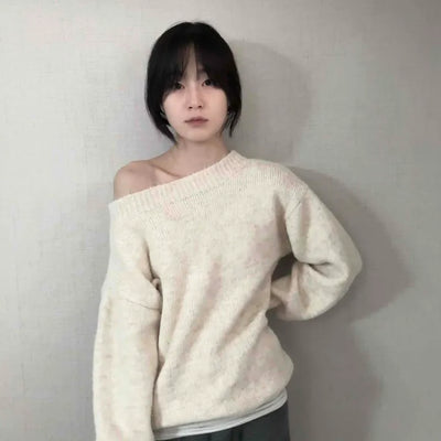 Basic Asymmetrical Off-Shoulder Loose Fit Knit
