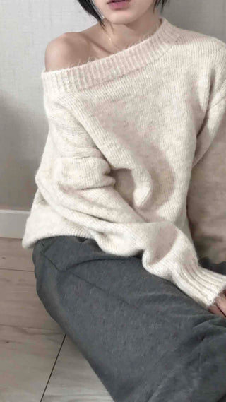 Basic Asymmetrical Off-Shoulder Loose Fit Knit