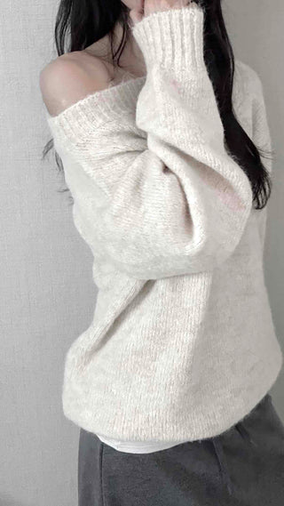 Basic Asymmetrical Off-Shoulder Loose Fit Knit