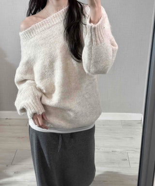 Basic Asymmetrical Off-Shoulder Loose Fit Knit