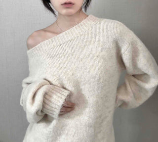 Basic Asymmetrical Off-Shoulder Loose Fit Knit
