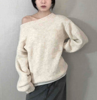 Basic Asymmetrical Off-Shoulder Loose Fit Knit