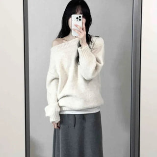 Basic Asymmetrical Off-Shoulder Loose Fit Knit