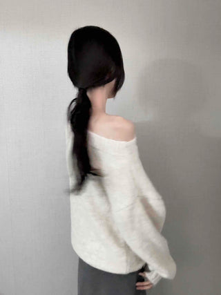 Basic Asymmetrical Off-Shoulder Loose Fit Knit