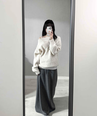 Basic Asymmetrical Off-Shoulder Loose Fit Knit