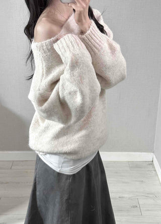 Basic Asymmetrical Off-Shoulder Loose Fit Knit