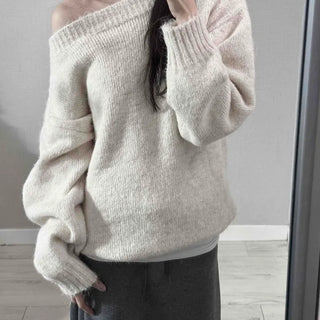 Basic Asymmetrical Off-Shoulder Loose Fit Knit