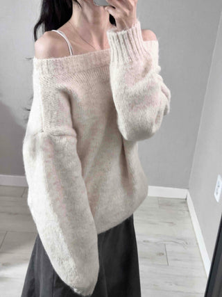 Basic Asymmetrical Off-Shoulder Loose Fit Knit