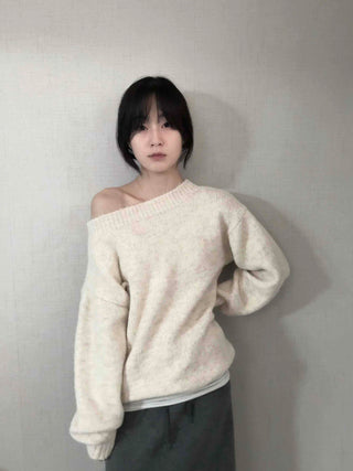 Basic Asymmetrical Off-Shoulder Loose Fit Knit