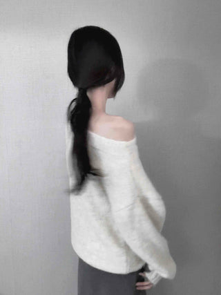 Basic Asymmetrical Off-Shoulder Loose Fit Knit