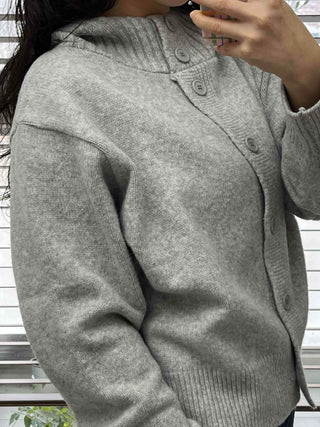 Simple High-Neck Hooded Knit Cardigan