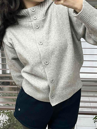 Simple High-Neck Hooded Knit Cardigan
