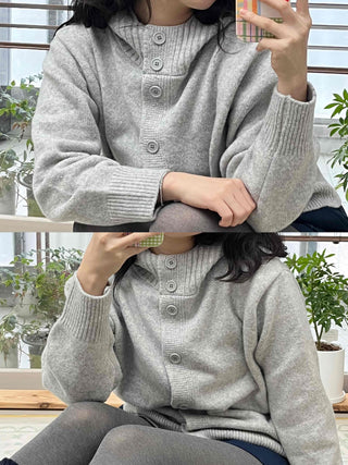 Simple High-Neck Hooded Knit Cardigan