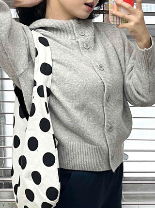 Simple High-Neck Hooded Knit Cardigan