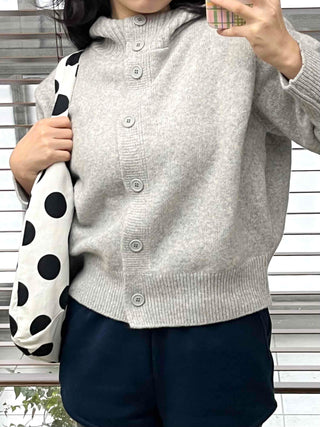 Simple High-Neck Hooded Knit Cardigan
