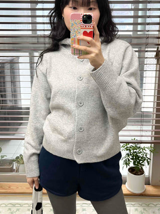 Simple High-Neck Hooded Knit Cardigan