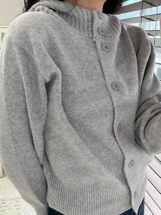 Simple High-Neck Hooded Knit Cardigan