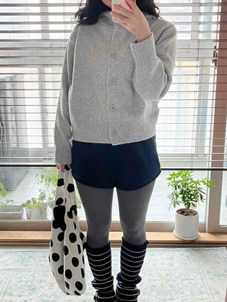 Simple High-Neck Hooded Knit Cardigan