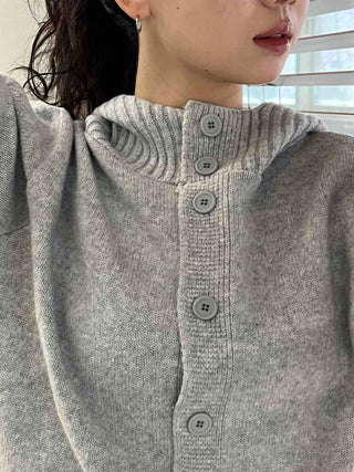 Simple High-Neck Hooded Knit Cardigan