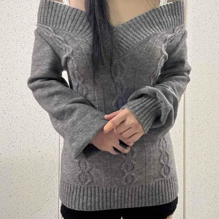 Delicate Fit Off-Shoulder Cable Knit V-Neck Knit