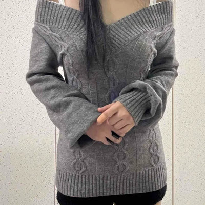 Delicate Fit Off-Shoulder Cable Knit V-Neck Knit
