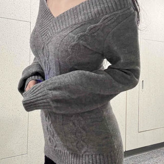 Delicate Fit Off-Shoulder Cable Knit V-Neck Knit