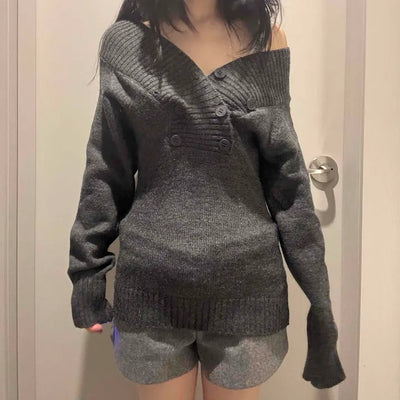 Slim Fit Double Button V-Neck Off-Shoulder Knit