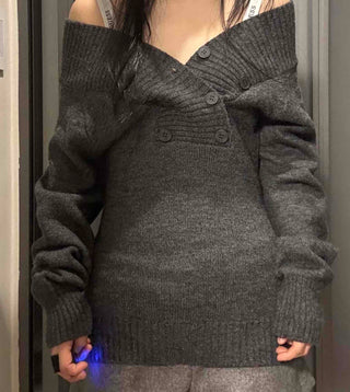 Slim Fit Double Button V-Neck Off-Shoulder Knit