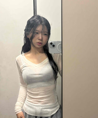 See-through V-neck Back Slit Long Sleeve T-shirt