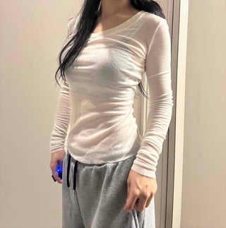 See-through V-neck Back Slit Long Sleeve T-shirt