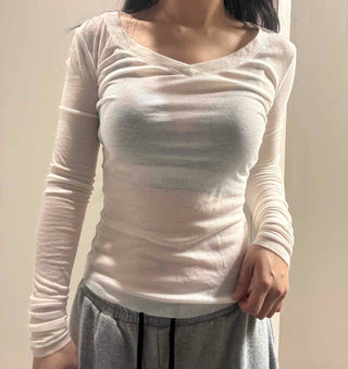 See-through V-neck Back Slit Long Sleeve T-shirt