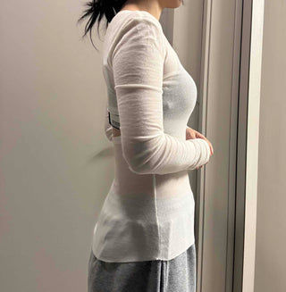 See-through V-neck Back Slit Long Sleeve T-shirt