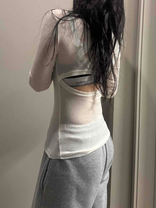 See-through V-neck Back Slit Long Sleeve T-shirt