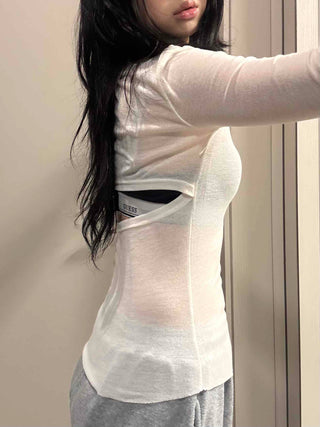 See-through V-neck Back Slit Long Sleeve T-shirt