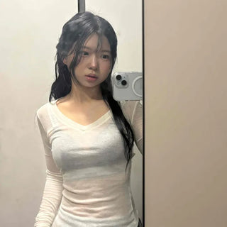 See-through V-neck Back Slit Long Sleeve T-shirt