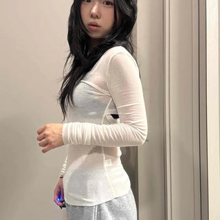 See-through V-neck Back Slit Long Sleeve T-shirt