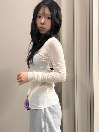 See-through V-neck Back Slit Long Sleeve T-shirt