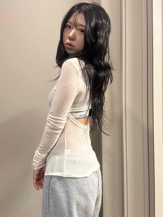 See-through V-neck Back Slit Long Sleeve T-shirt
