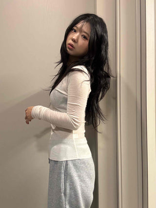 See-through V-neck Back Slit Long Sleeve T-shirt