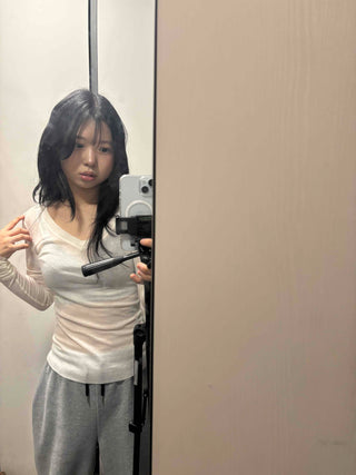 See-through V-neck Back Slit Long Sleeve T-shirt