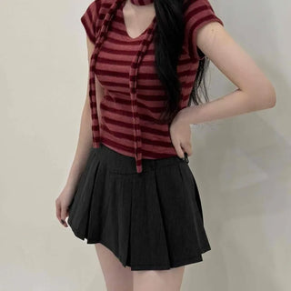 Striped Print Crop Choker Short Sleeve Tee