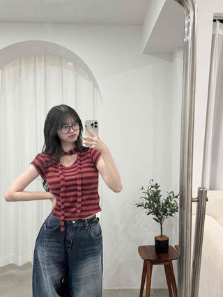 Striped Print Crop Choker Short Sleeve Tee