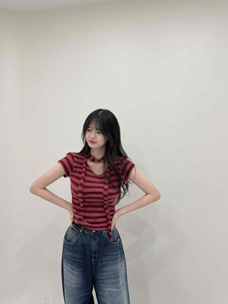 Striped Print Crop Choker Short Sleeve Tee