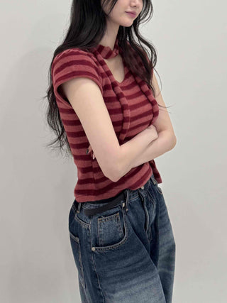 Striped Print Crop Choker Short Sleeve Tee