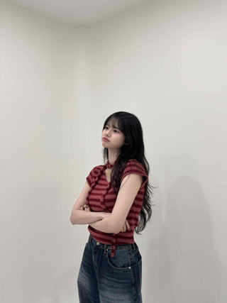 Striped Print Crop Choker Short Sleeve Tee