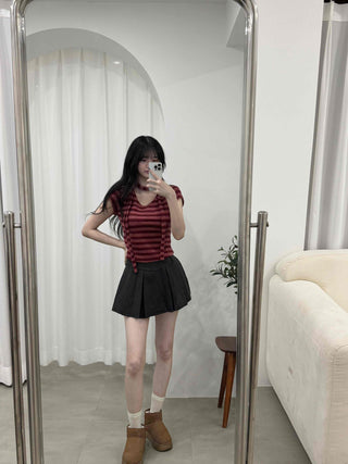 Striped Print Crop Choker Short Sleeve Tee