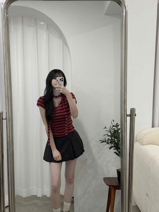 Striped Print Crop Choker Short Sleeve Tee